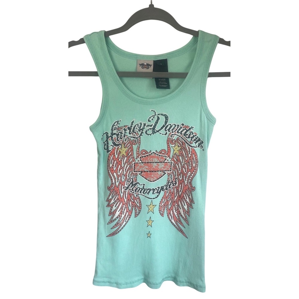 Vintage Harley Davidson Tank Top S Mint Green Rhinestone Wing Graphic Y2K USA